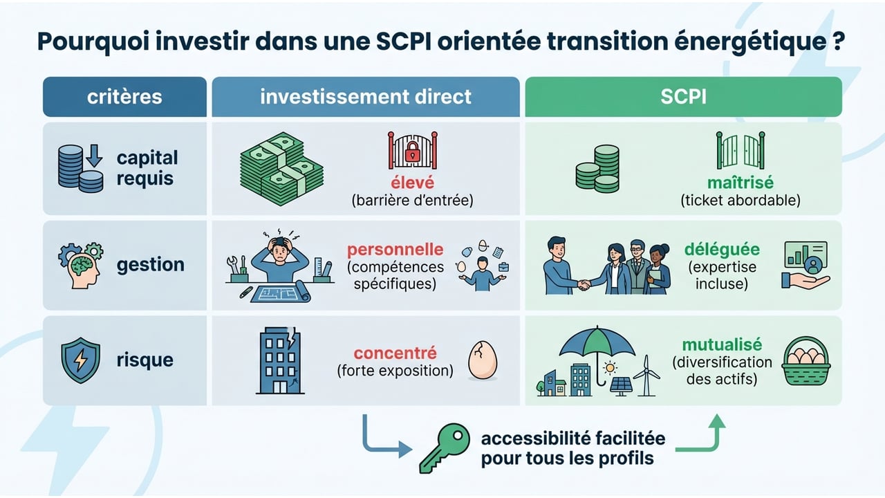 Tableau comparatif entre l'immobilier direct et la SCPI sur les critères de capital, compétences techniques et gestion.