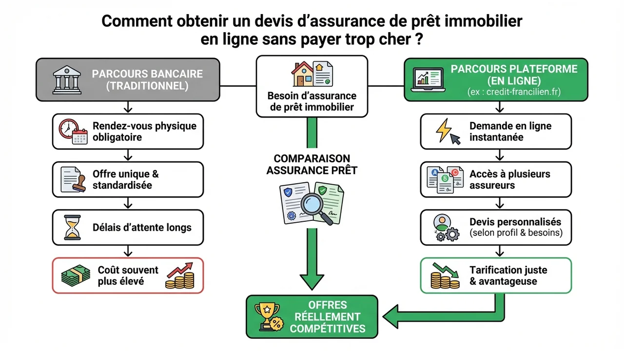 Schéma comparatif montrant le parcours direct et multi-offres d'une plateforme en ligne face au parcours restreint d'une agence bancaire classique.