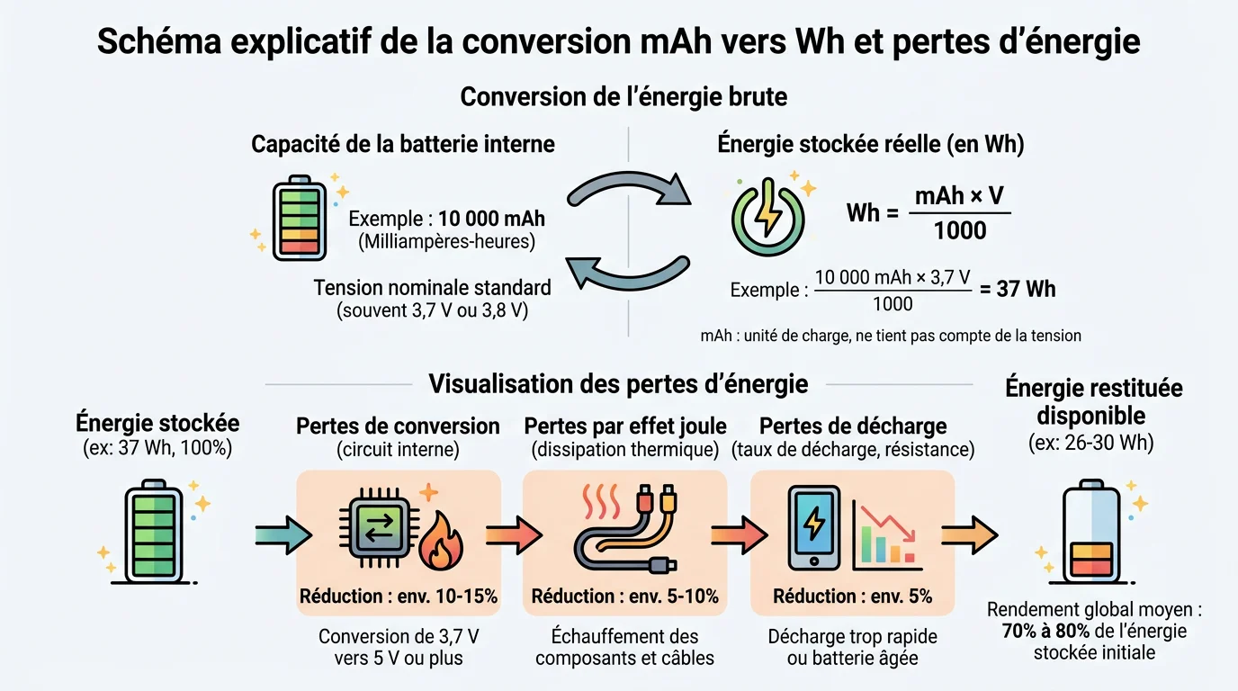 Schéma explicatif de la conversion mAh vers Wh et pertes d'énergie