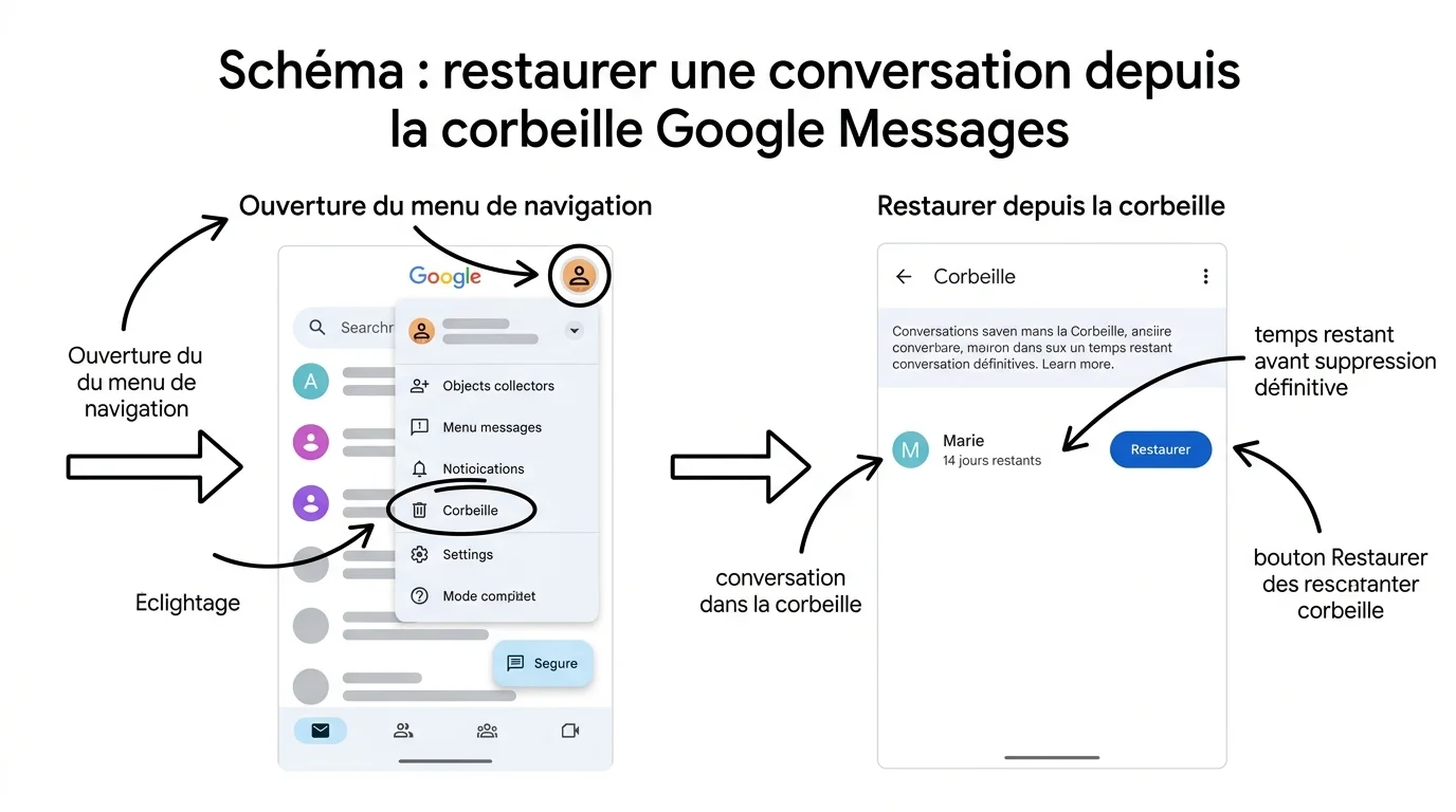 Schéma : restaurer une conversation depuis la corbeille Google Messages