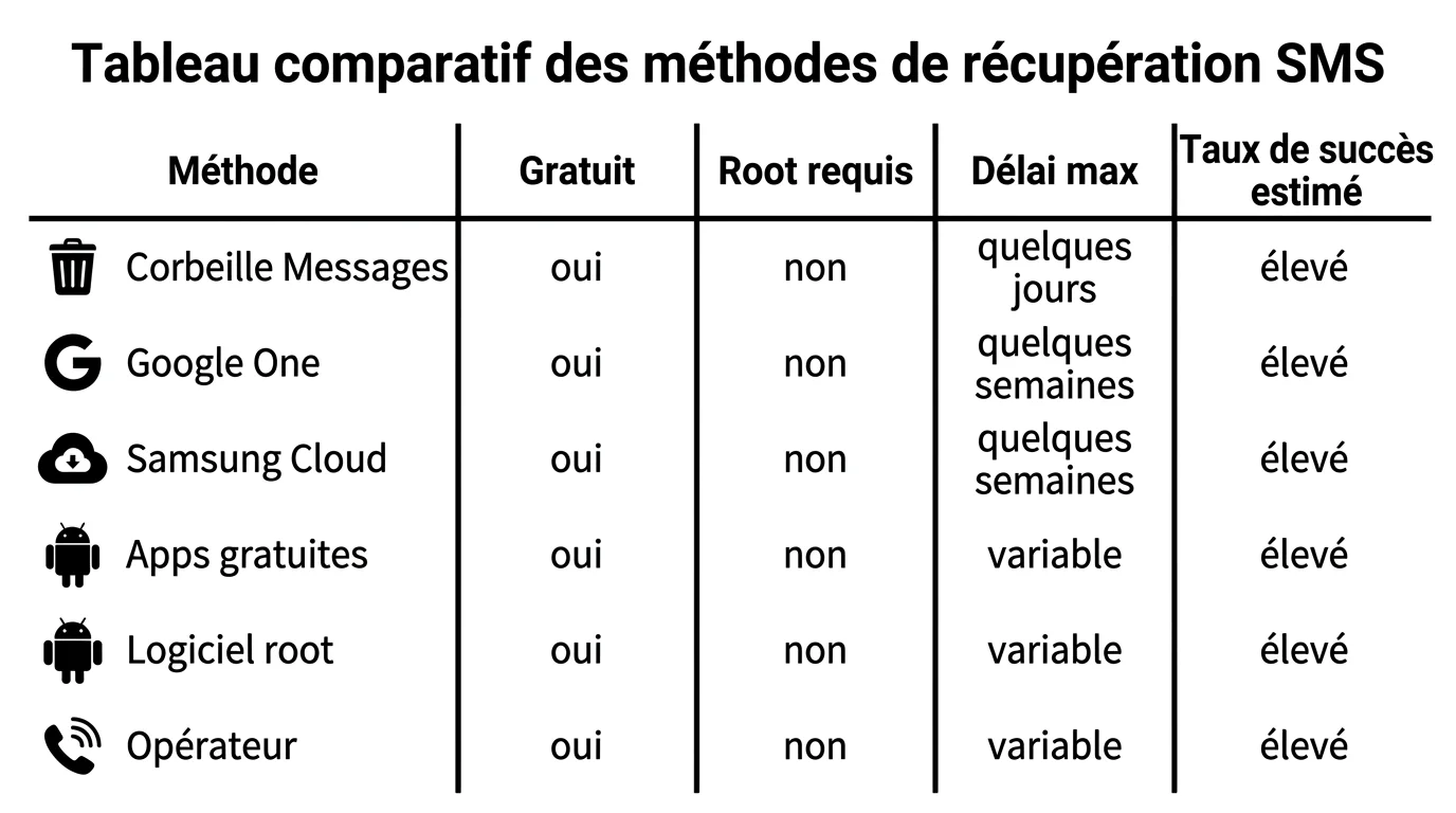 Tableau comparatif des méthodes de récupération SMS