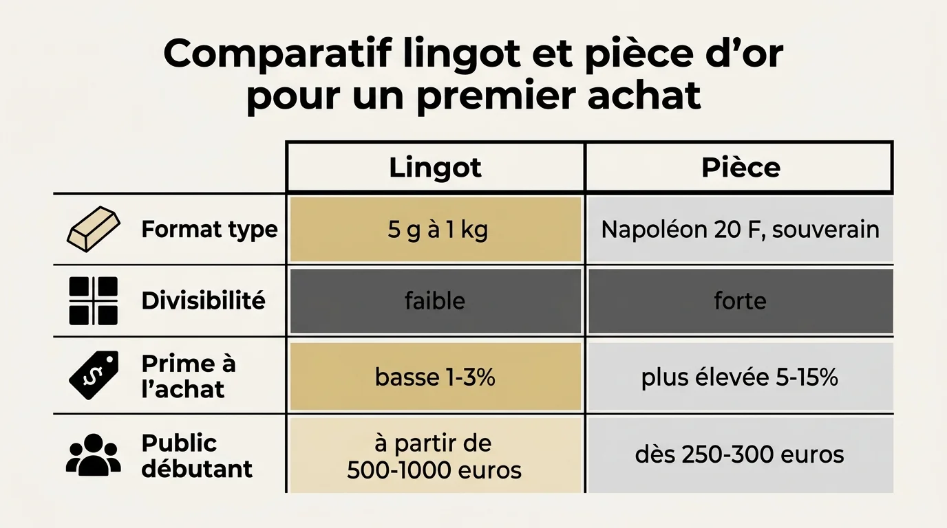 Comparatif lingot et pièce d'or pour un premier achat