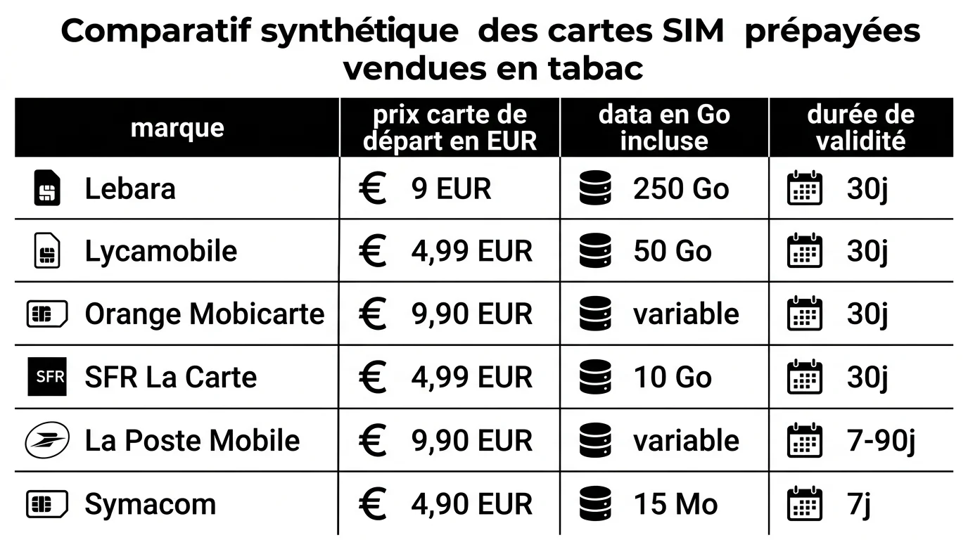 Comparatif synthétique des cartes SIM prépayées vendues en tabac