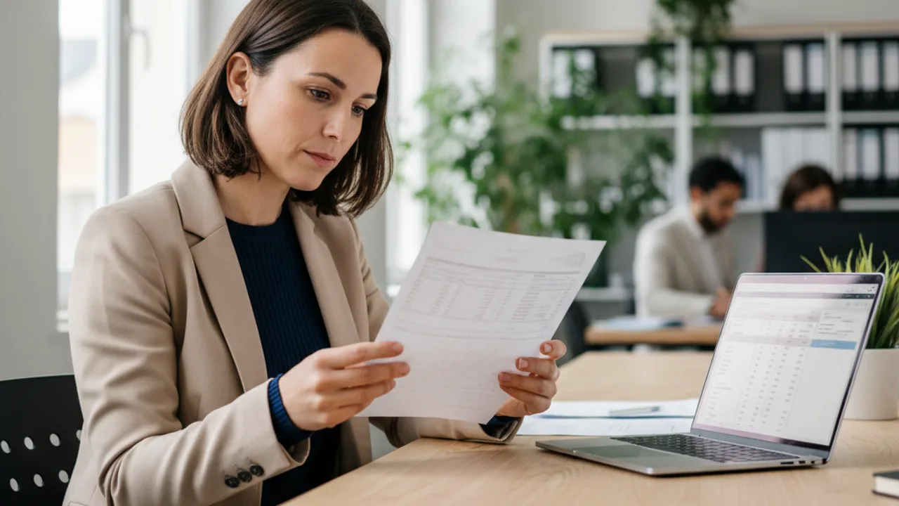 Salariée examinant son bulletin de paie au bureau