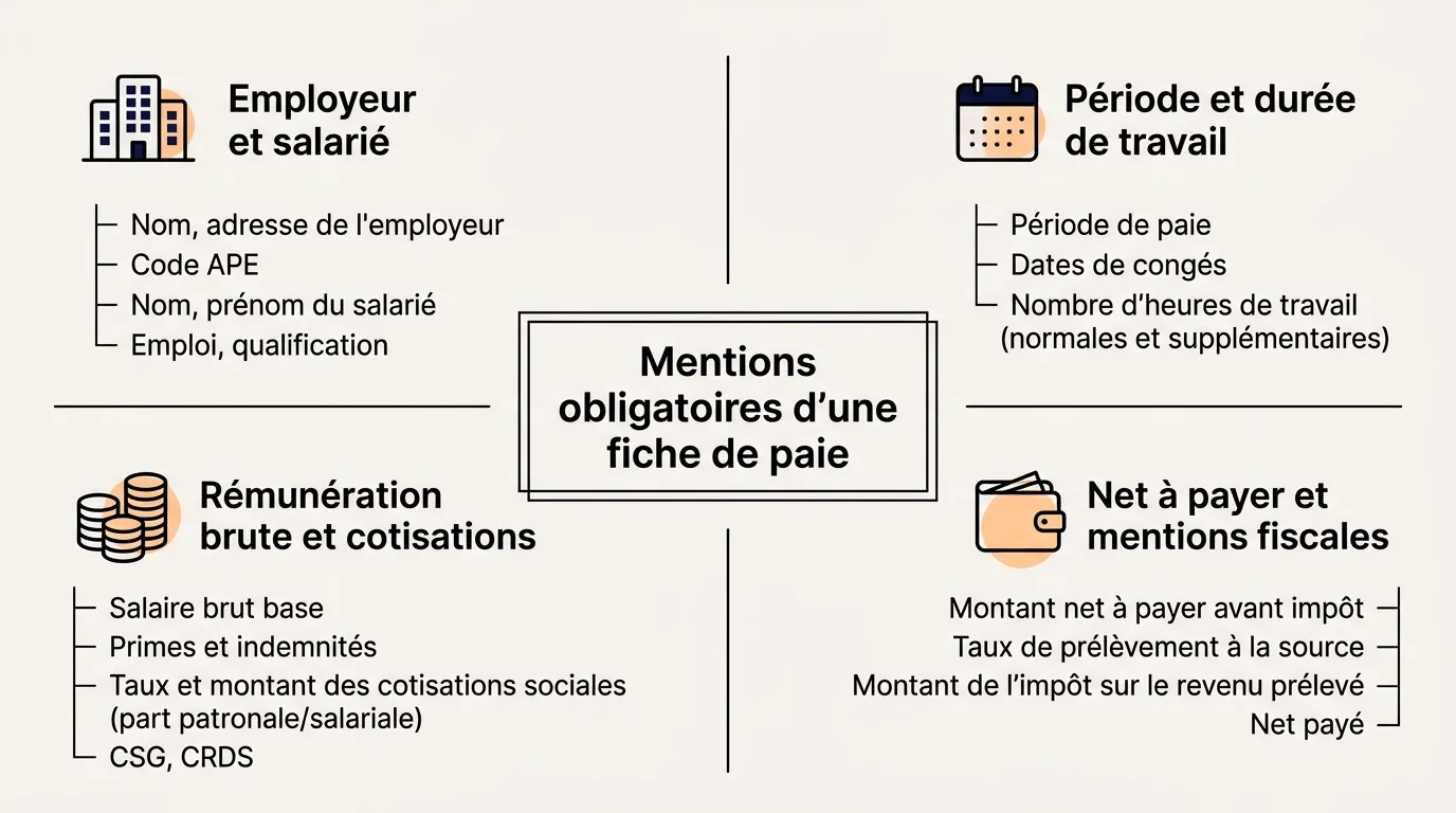 Schéma des quatre blocs de mentions obligatoires d'un bulletin de paie