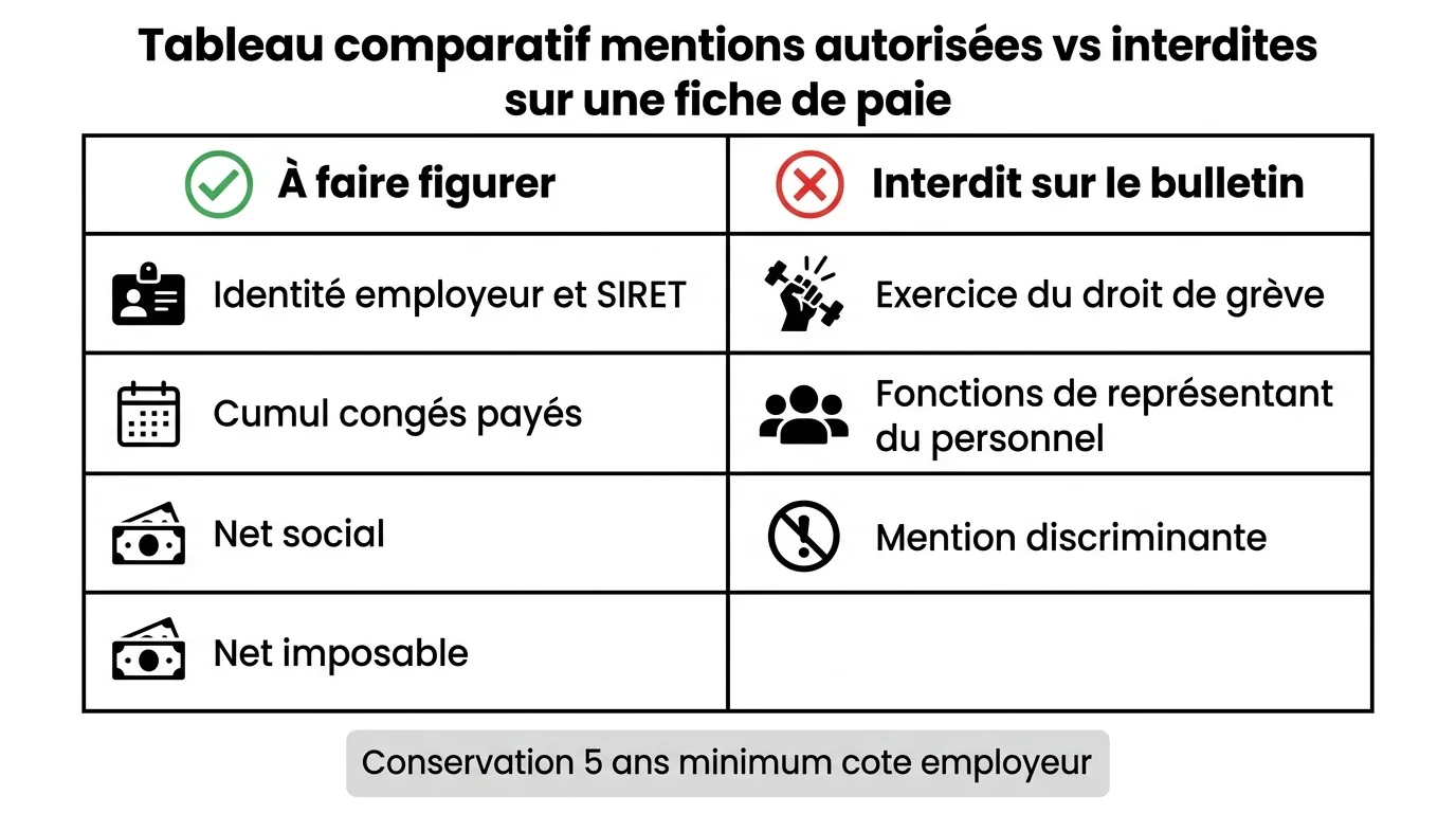 Tableau comparatif mentions autorisées vs interdites sur une fiche de paie