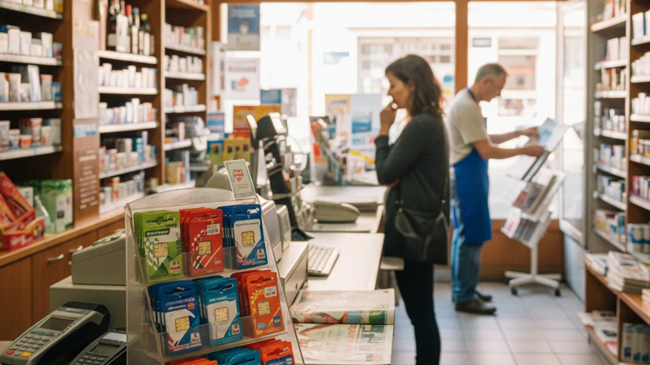 Un buraliste français propose plusieurs marques de cartes SIM prépayées sur son comptoir