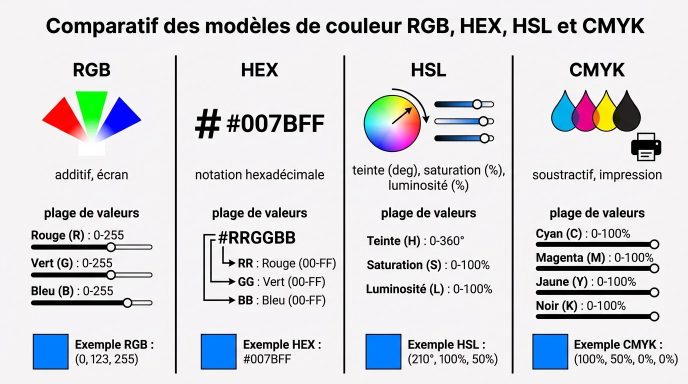 Comparatif des modeles de couleur RGB, HEX, HSL et CMYK