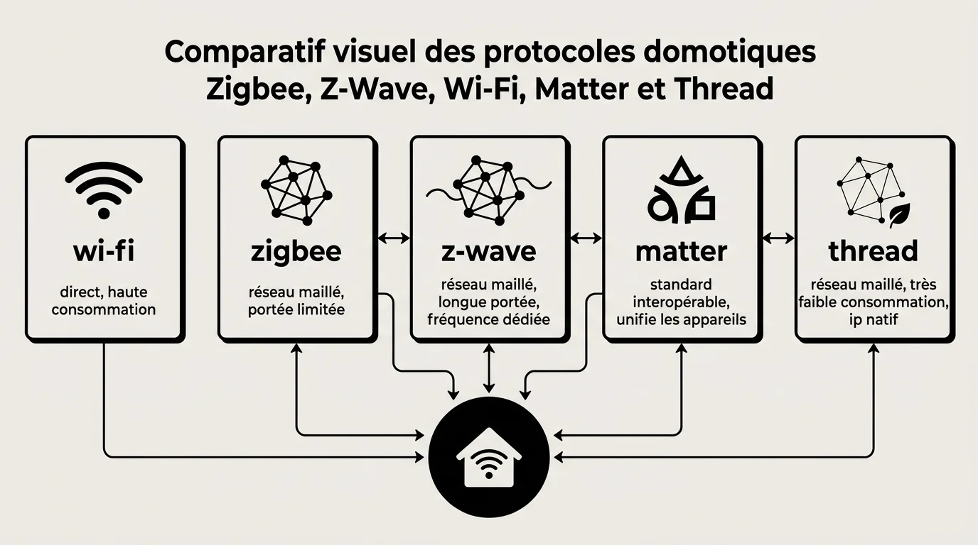 Comparatif visuel des protocoles domotiques Zigbee, Z-Wave, Wi-Fi, Matter et Thread