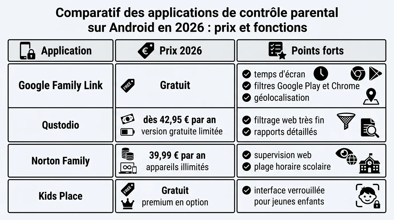 Comparatif des applications de contrôle parental sur Android en 2026 : prix et fonctions