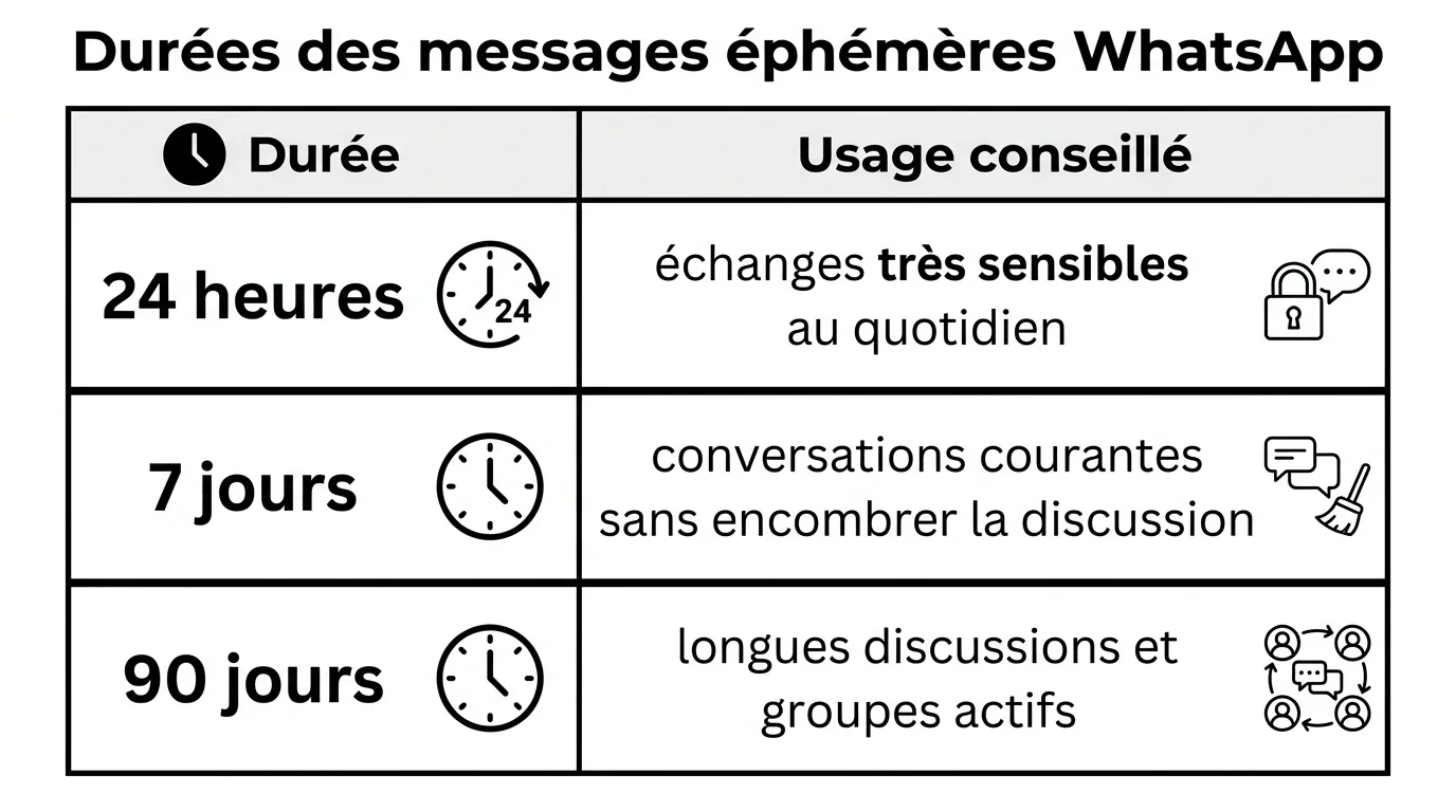 Comparatif des trois durées de messages éphémères WhatsApp
