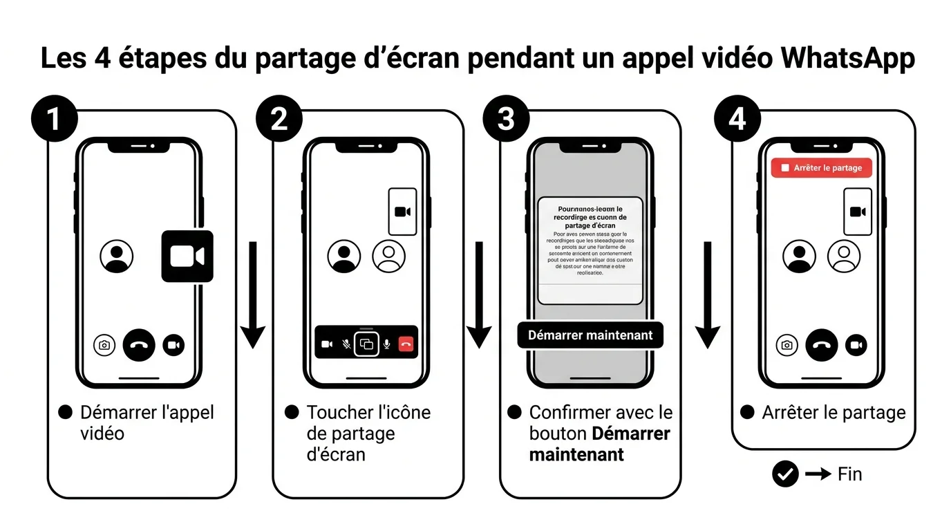 Les 4 étapes du partage d'écran pendant un appel vidéo WhatsApp