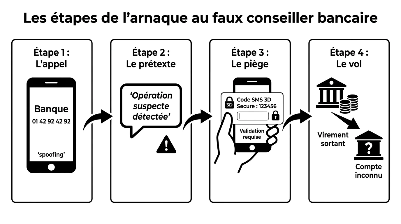 Les étapes de l'arnaque au faux conseiller bancaire