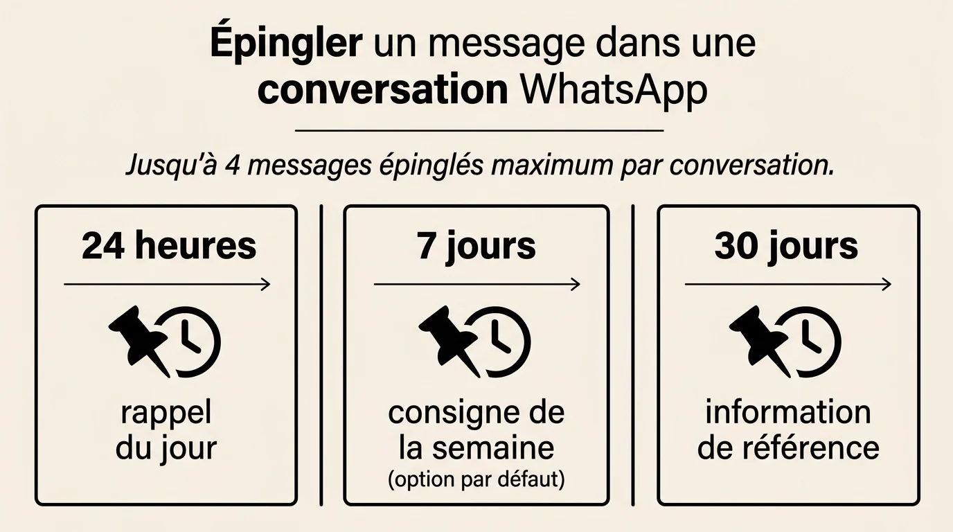 Les trois durées d'épinglage WhatsApp : 24 heures, 7 jours, 30 jours