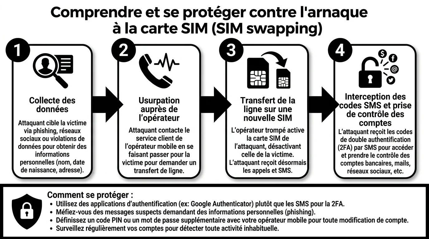 Schéma des quatre étapes d'une attaque par SIM swapping