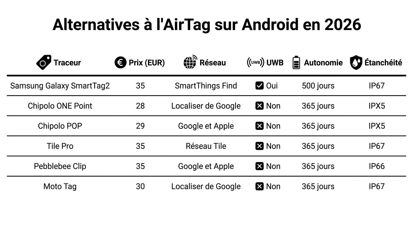 Tableau comparatif des alternatives a l'AirTag sur Android en 2026