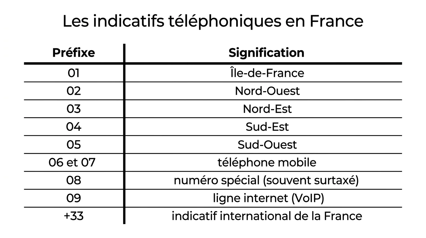 Tableau des indicatifs téléphoniques français et de leur signification