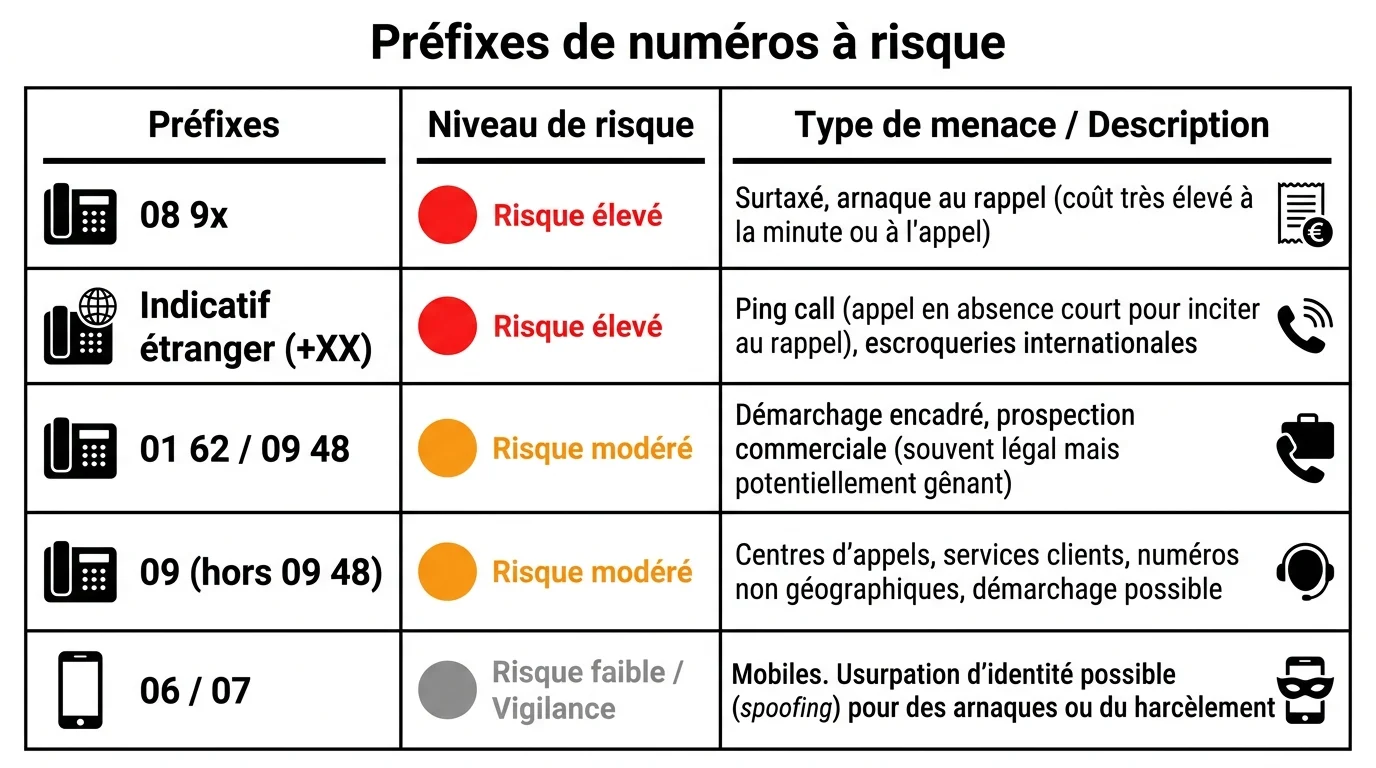 Tableau des préfixes de numéros à risque en France