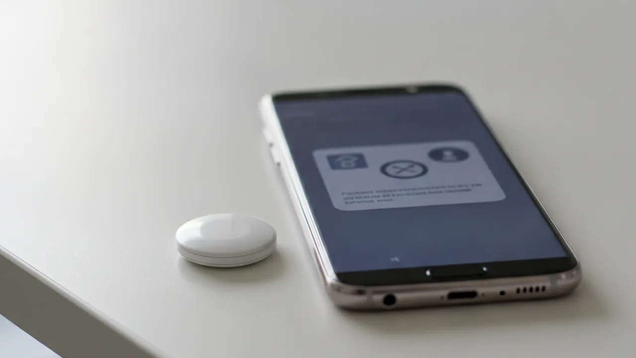 Un AirTag pose a cote d'un smartphone Android incompatible