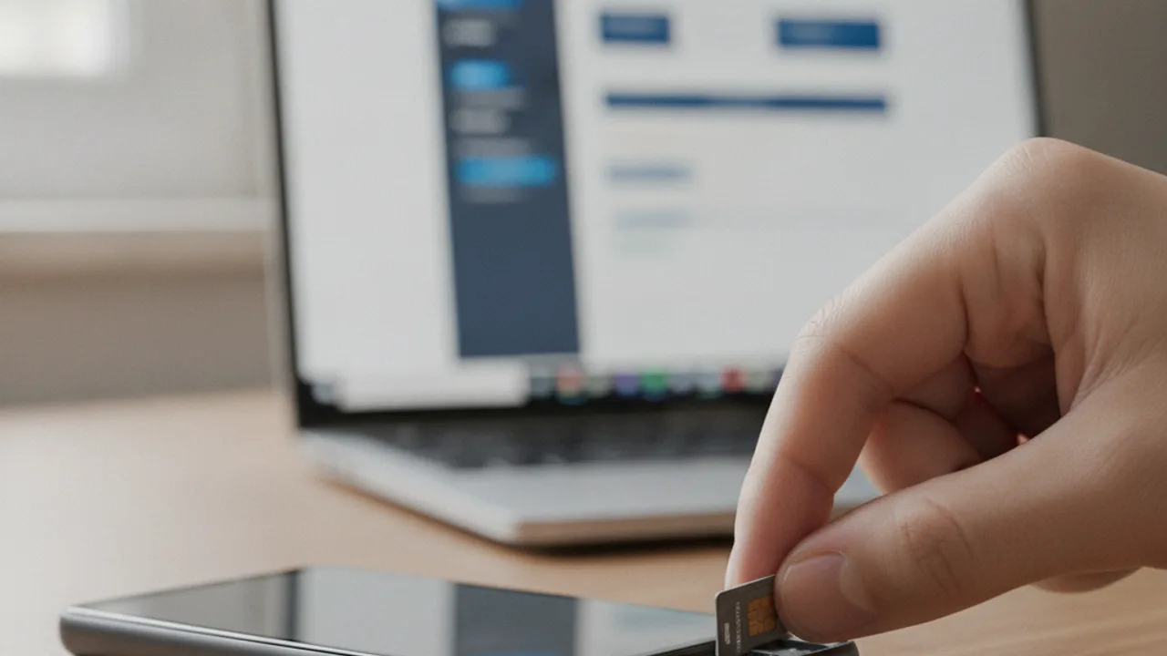 Une carte SIM retirée d'un smartphone posé sur un bureau