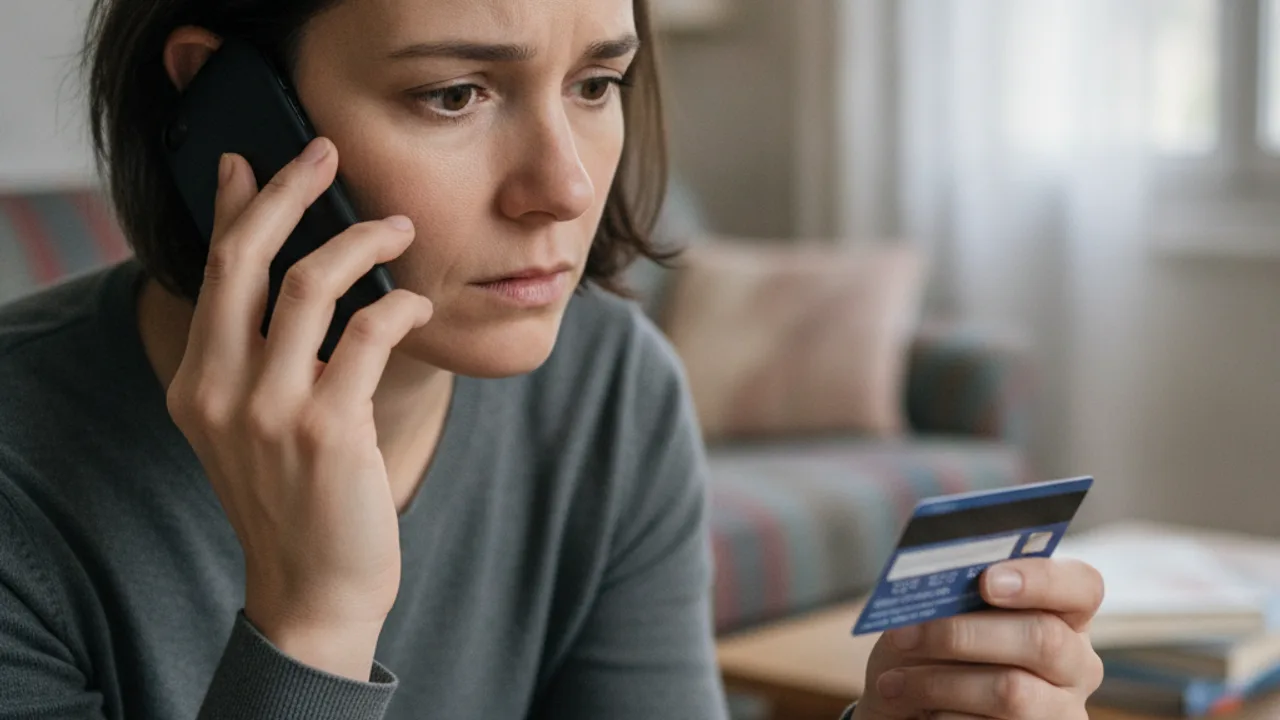 Une personne inquiète au téléphone tenant sa carte bancaire