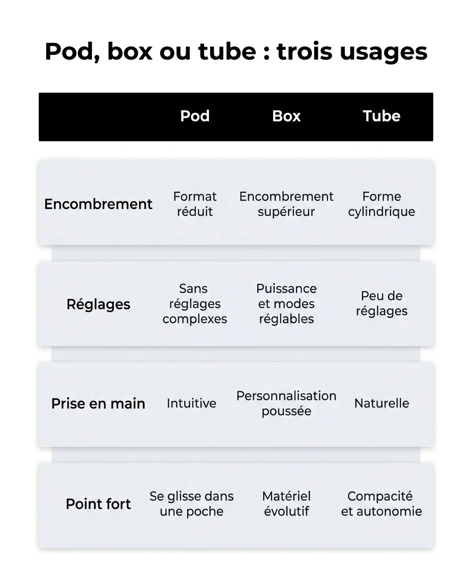 Pod, box et tube comparés critère par critère